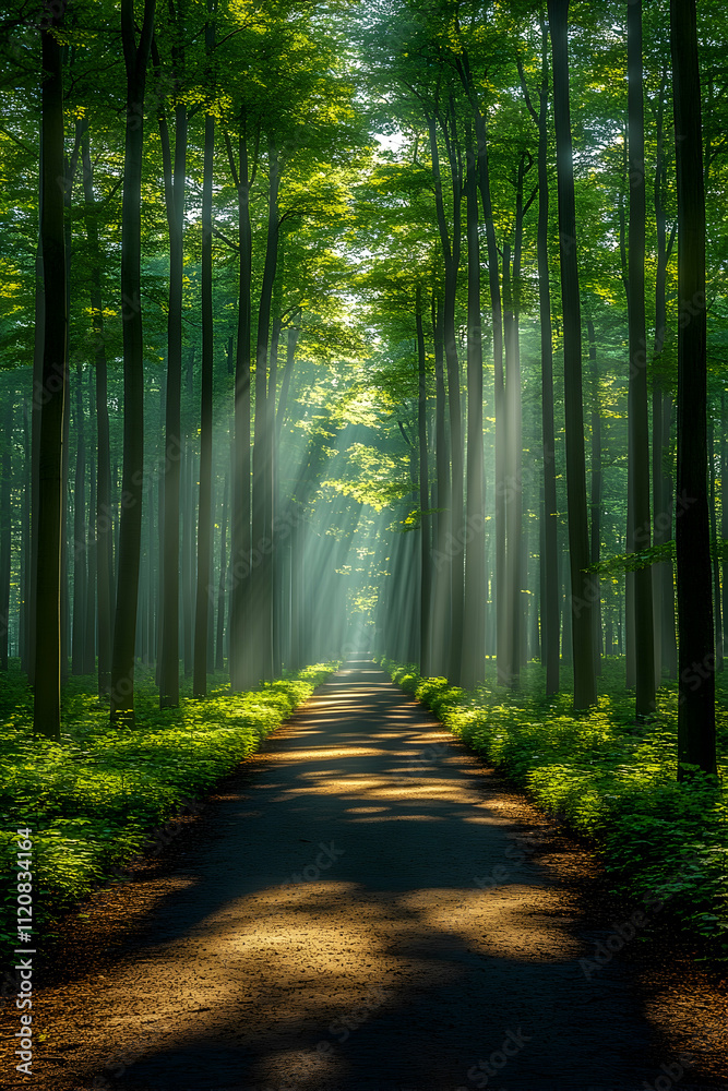 Fototapeta premium Sunbeams illuminate a path through a lush green forest.
