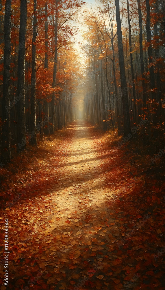 Fototapeta premium Sunlit autumn path through forest with red leaves.