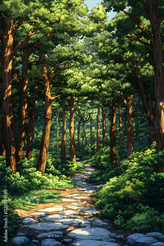 Sunlit path winding through a lush green forest with tall trees and stone walkway.