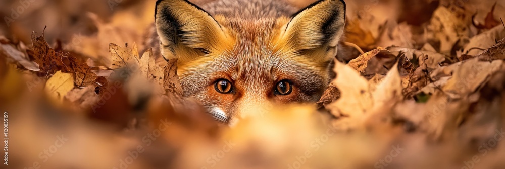 Obraz premium A fox peeking through autumn leaves.