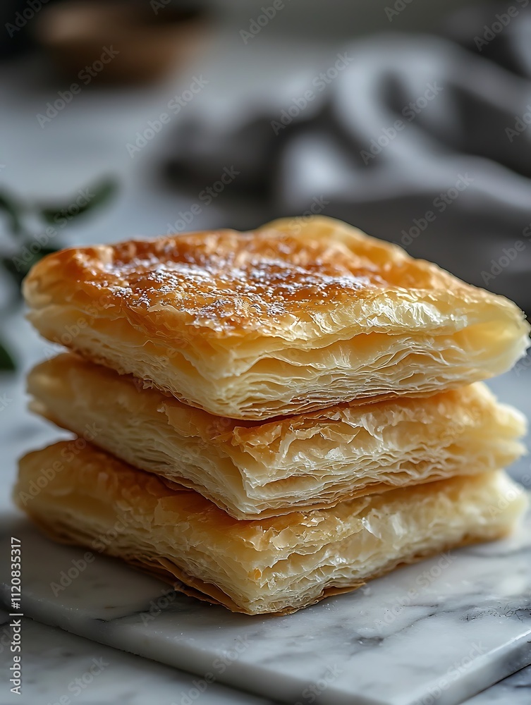 Three Golden-Brown Puff Pastry Squares Stacked on a Marble Surface. Three Golden-Brown Puff Pastry Squares Stacked on a Marble Surface.