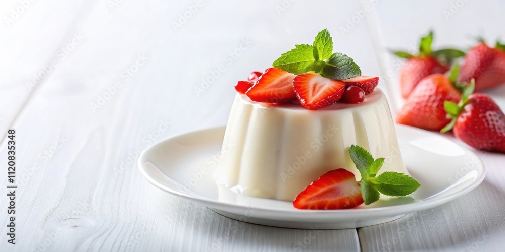 Panna cotta Italian dessert topped with fresh strawberries on a white background, panna cotta, Italian, dessert, strawberries Panna cotta Italian dessert topped with fresh strawberries on a white background, panna cotta, Italian, dessert, strawberries