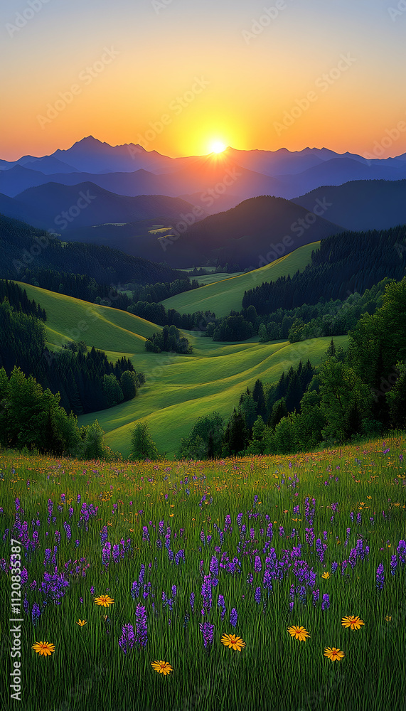 Fototapeta premium Vibrant sunset over rolling hills and wildflowers.