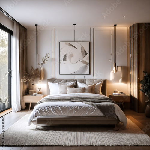 Modern Cozy Bedroom No. 04 - A serene and elegant conceptual design with warm tones and minimalist style.