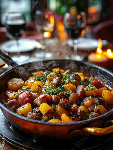 Steaming Hot Aromatic Meat and Vegetable Stew in a Copper Pan at a Restaurant.