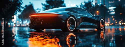  A sleek and futuristic electric vehicle parked in an urban environment, with glowing LED lights and reflections on a wet asphalt surface, captured during the blue hour for a dramatic effect