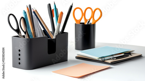 A black desk organizer with a black pen holder and a black cup photo