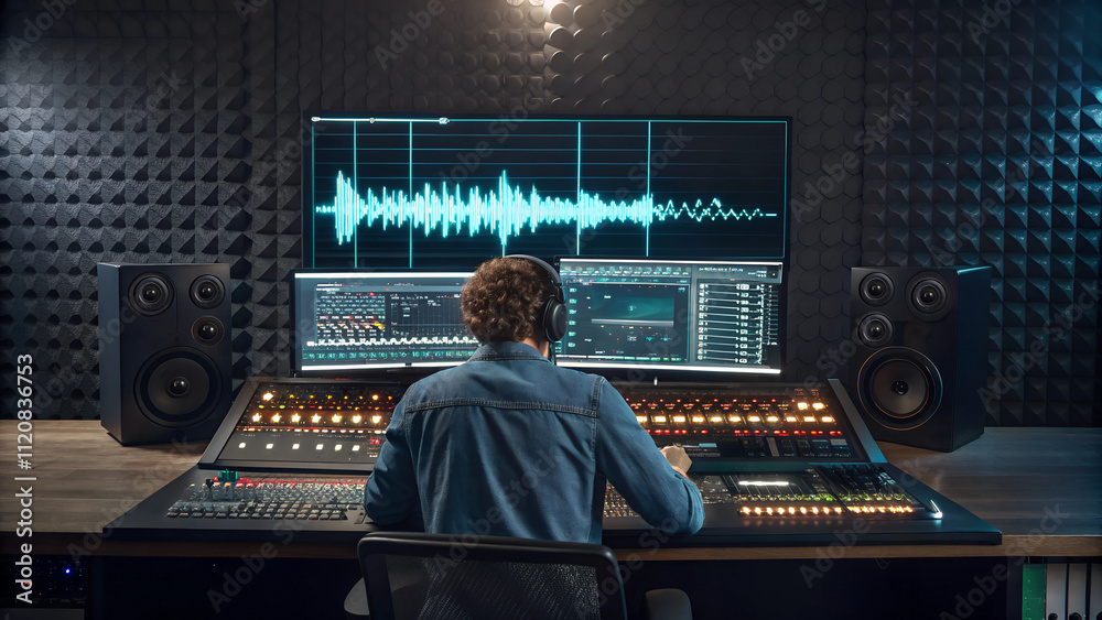 Audio Engineer Working in Professional Sound Studio with Advanced Mixing Console and Waveform Display, Ideal for Music Production, Sound Design, Broadcasting, and Audio Editing Audio Engineer Working in Professional Sound Studio with Advanced Mixing Console and Waveform Display, Ideal for Music Production, Sound Design, Broadcasting, and Audio Editing