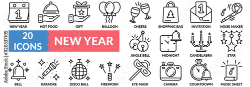 NEW YEAR icon set with gift, balloon, cheers, jingle bell, midnight, star, firework, countdown