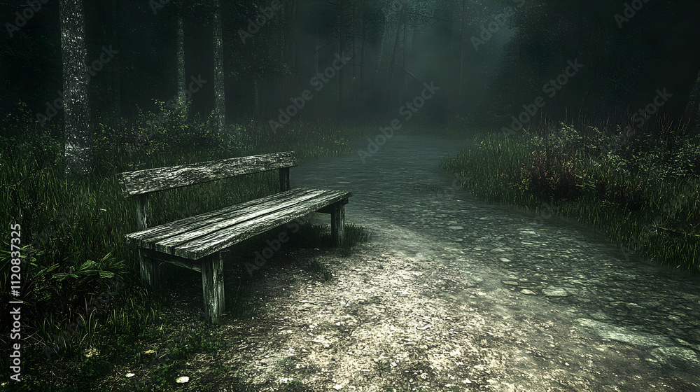 Fototapeta premium Lonely wooden bench on a foggy forest path.