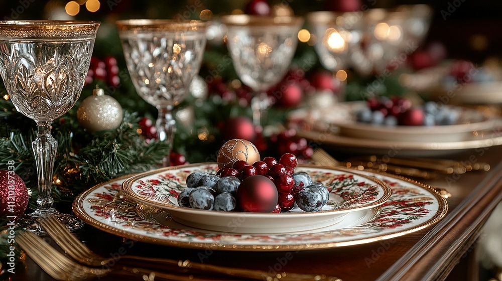 Ambiente Navideño: Mesa de Comida Decorada con Elegancia y Fondo Desenfocado Ambiente Navideño: Mesa de Comida Decorada con Elegancia y Fondo Desenfocado