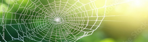 Intricate Spider Web Glowing in Natural Light with Soft Green Background highlighting Nature's Beauty and Delicacy in the Morning Dew