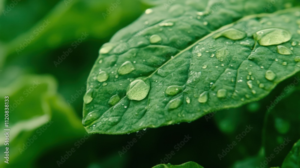 Close-Up View of Fresh Green Leaf with Raindrops Reflecting Soft Light for Nature and Environment Photography Close-Up View of Fresh Green Leaf with Raindrops Reflecting Soft Light for Nature and Environment Photography