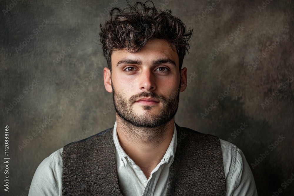 Portrait of a Confident Young Man with Curly Hair Against a Textured Background Portrait of a Confident Young Man with Curly Hair Against a Textured Background