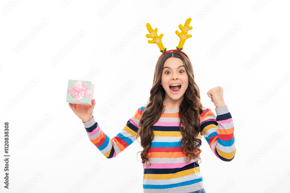 Φωτογραφία Laughing teen Santa girl in fur sweater isolated on white background