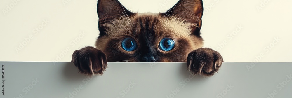 Fototapeta premium Cat peeking over a surface with bright blue eyes.