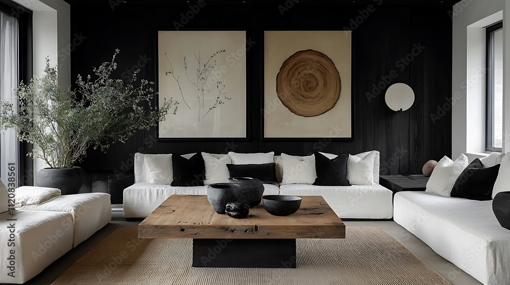 A farmhouse-inspired living room featuring a mix of vintage botanical prints and modern abstract art on a gallery wall, a distressed coffee table surrounded by contemporary seating, layered rugs, A farmhouse-inspired living room featuring a mix of vintage botanical prints and modern abstract art on a gallery wall, a distressed coffee table surrounded by contemporary seating, layered rugs,