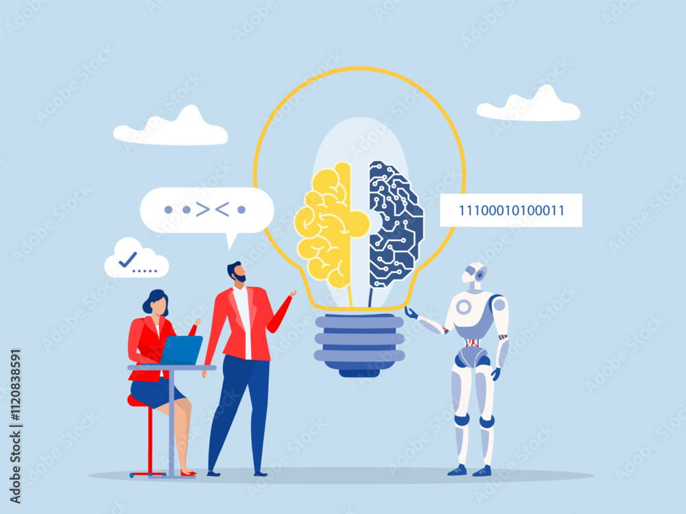 Partnership contact,Businessman matching cyborg idea or artificial intelligence technology futuristic, ai, with brain Machine future cooperation vector illustrator Partnership contact,Businessman matching cyborg idea or artificial intelligence technology futuristic, ai, with brain Machine future cooperation vector illustrator