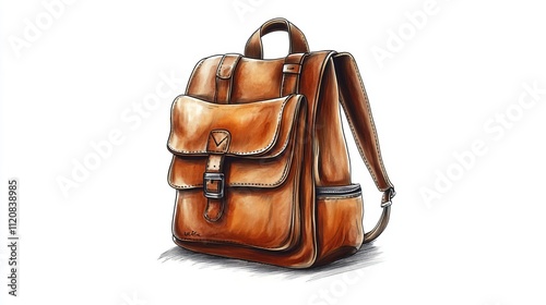 Hand-Drawn Leather Backpack Illustration Brown Vintage Style Fashion Accessory Design