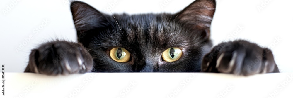 Fototapeta premium Curious black cat peeking over a surface.