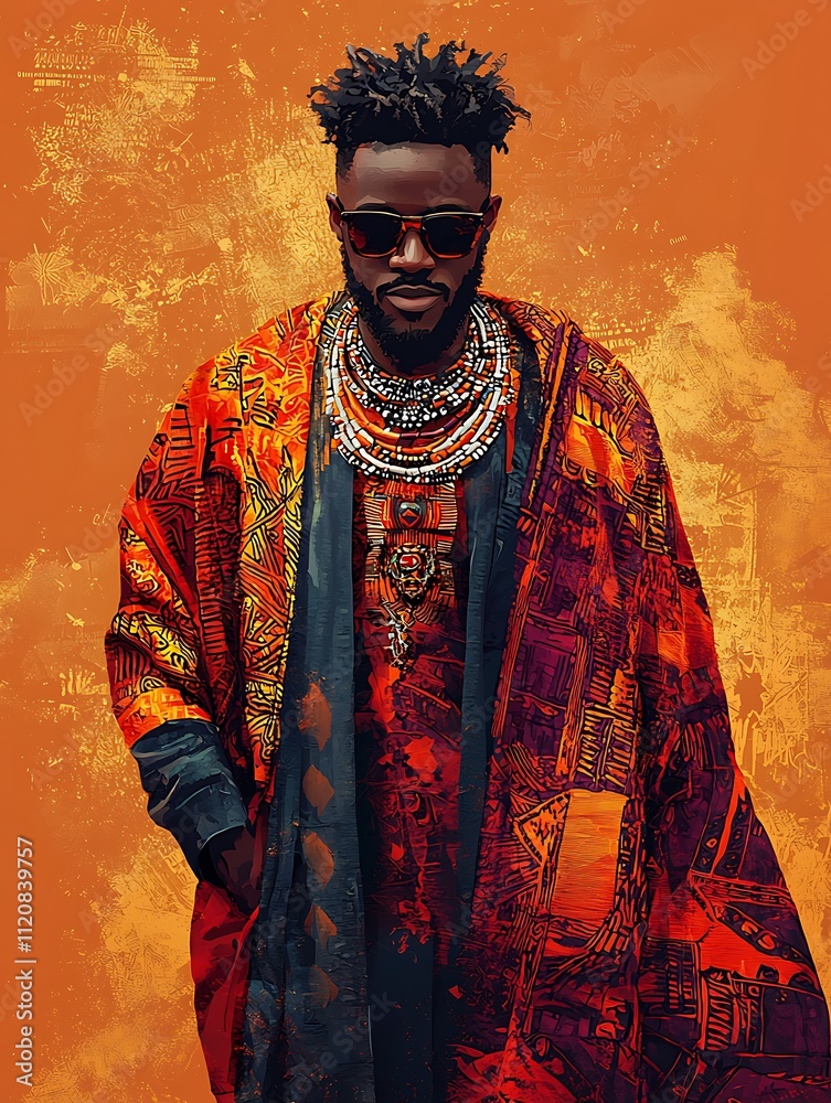 Obraz premium Stylish African Man in Vibrant Traditional Clothing Against an Abstract Background.