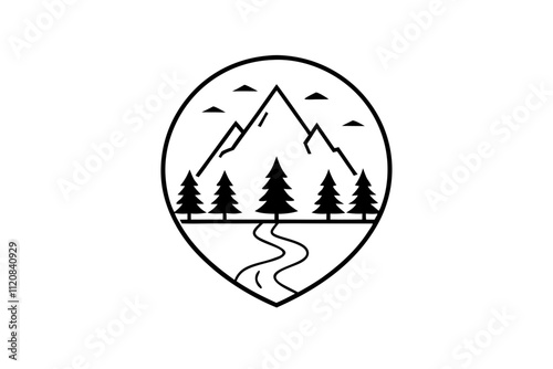 Black and white mountain and river emblem logo silhouette.