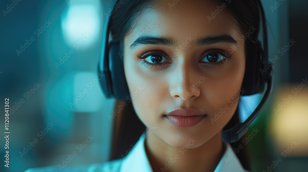 Focused Indian female call center operator wearing a wireless headset providing customer support while consulting clients in a professional office setting Focused Indian female call center operator wearing a wireless headset providing customer support while consulting clients in a professional office setting