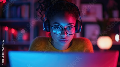 Focused woman in headphones engaging in online language learning with laptop during webinar in a cozy, well-lit study environment.