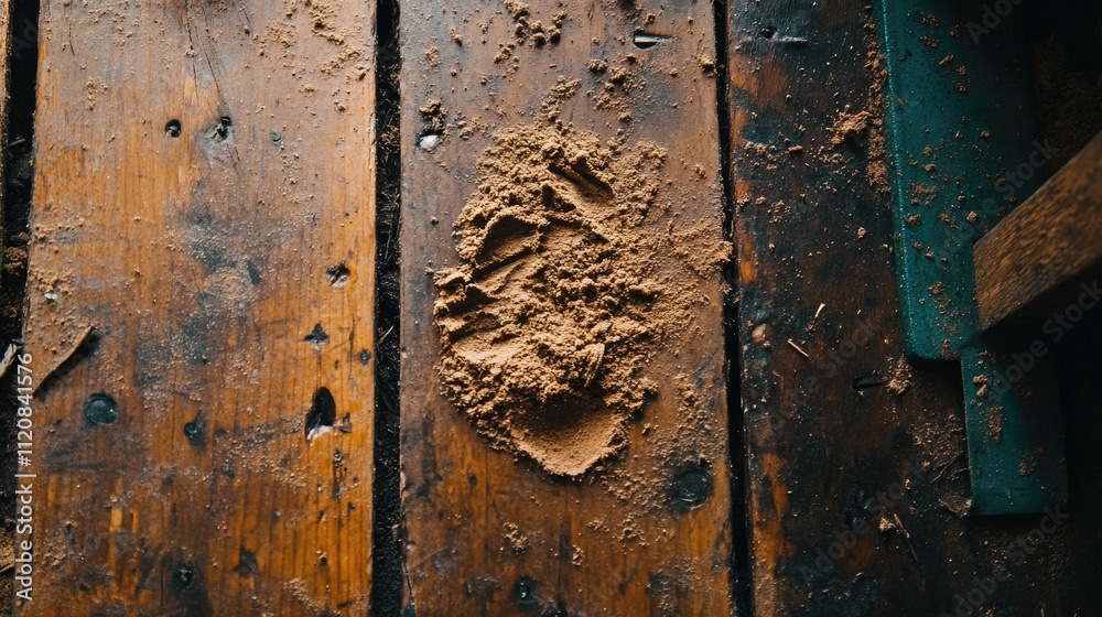 Footprints in sawdust on aged wooden flooring highlighting craftsmanship and rustic charm in an industrial setting. Footprints in sawdust on aged wooden flooring highlighting craftsmanship and rustic charm in an industrial setting.