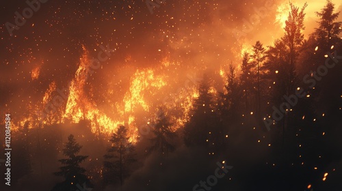 Intense forest fire with flames engulfing trees and ash floating in the air during a wildfire event at dusk in a dense woodland. photo