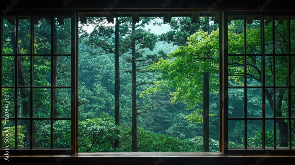 Serene view of lush green forest framed by traditional window in Nikko Japan showcasing nature's tranquility and beauty. Serene view of lush green forest framed by traditional window in Nikko Japan showcasing nature's tranquility and beauty.