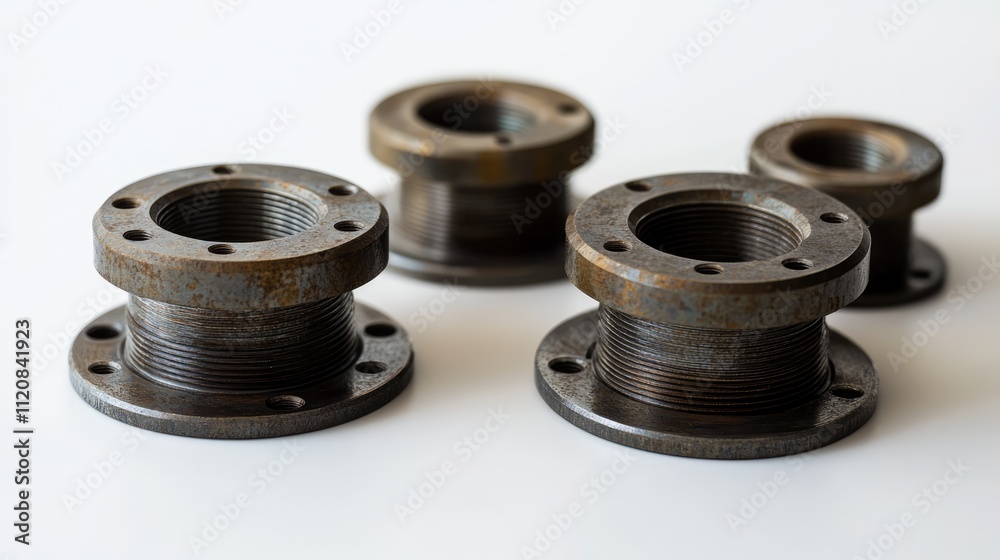 Four metallic flanges arranged on a white surface showcasing intricate details and textures of industrial hardware components. Four metallic flanges arranged on a white surface showcasing intricate details and textures of industrial hardware components.