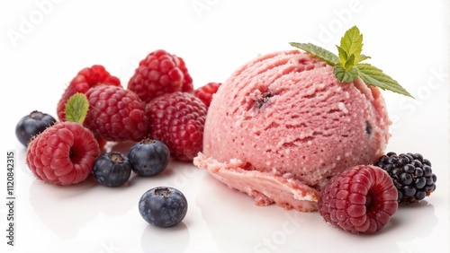 Pink ice cream with mint and fresh berries on white background