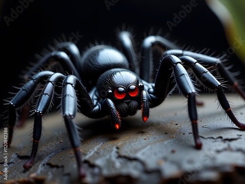 Close-Up of a Black Spider with Red Eyes photo