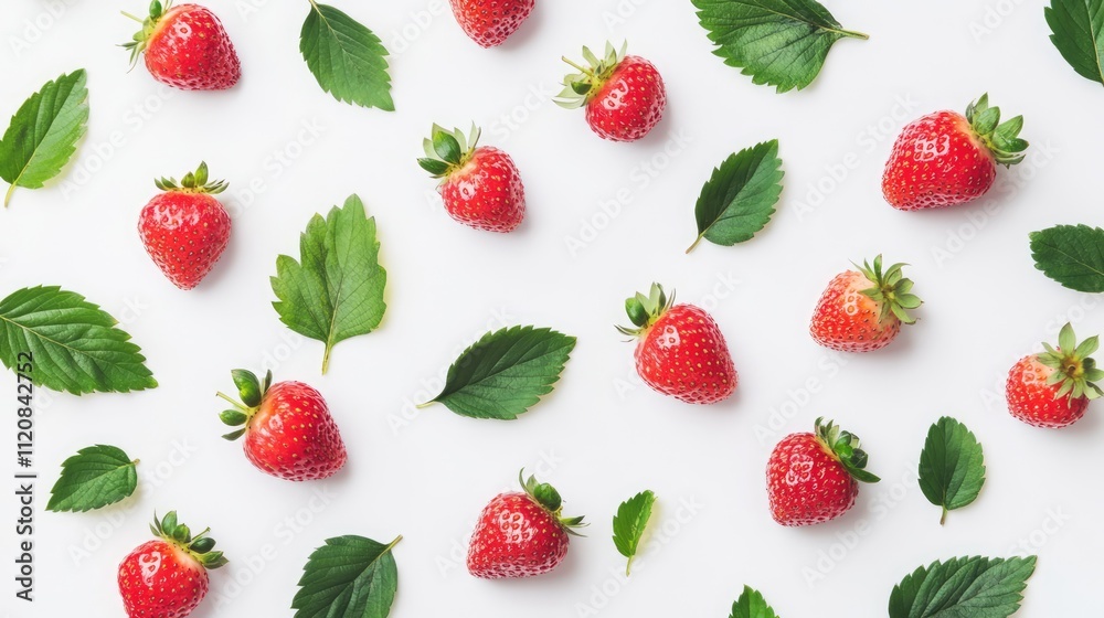 Ripe strawberries and fresh green leaves arranged on a clean white background for a vibrant and refreshing food display. Ripe strawberries and fresh green leaves arranged on a clean white background for a vibrant and refreshing food display.