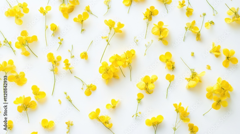 Canola flowers scattered on a white background highlighting their vibrant yellow colors and delicate petals for floral design or nature concepts. Canola flowers scattered on a white background highlighting their vibrant yellow colors and delicate petals for floral design or nature concepts.