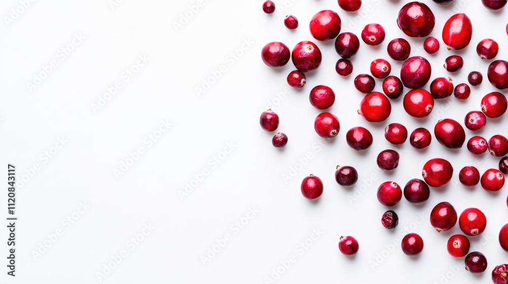 Variety of fresh cranberries scattered on a white background showcasing vibrant red berries and natural textures Variety of fresh cranberries scattered on a white background showcasing vibrant red berries and natural textures