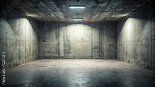 Dimly lit room with worn walls and concrete floor, empty, dim, room, worn, walls, concrete, floor, interior, space, grungy, old