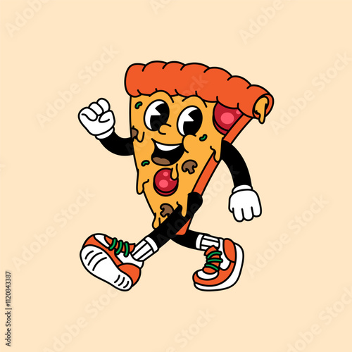 Pizza retro vintage mascot character clip art. Pizza Fast Food Retro vintage mascot character with gloved hand and foot. Walking, waving, standing, funny, cute.