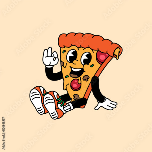Pizza retro vintage mascot character clip art. Pizza Fast Food Retro vintage mascot character with gloved hand and foot. Walking, waving, standing, funny, cute.