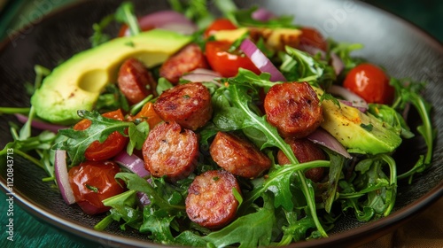 Fresh arugula salad topped with chopped avocado cherry tomatoes roasted chorizo sausage and red onion on a dark plate