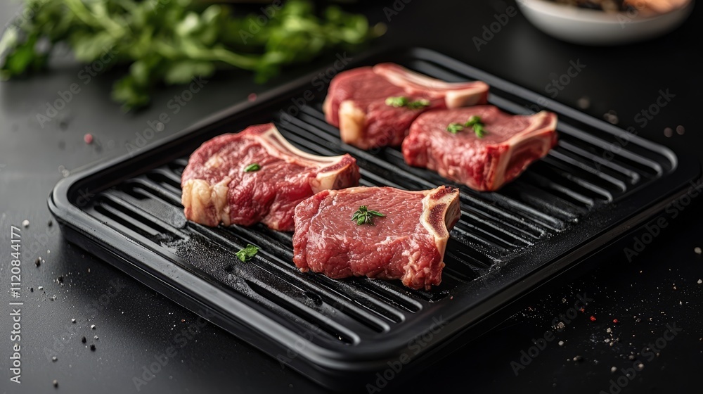 Raw lamb chops on a grill plate ready for cooking with herbs and spices on a dark kitchen surface