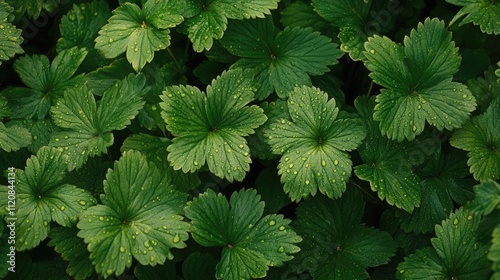 Lush green wild strawberry leaves adorned with water droplets in a serene forest setting after rainfall close-up nature background