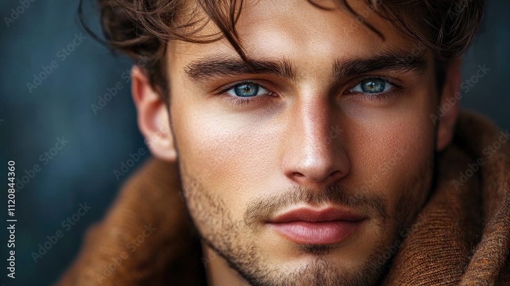 Young man's close-up portrait showcasing striking blue eyes and tousled hair with a warm, inviting expression against a soft background.