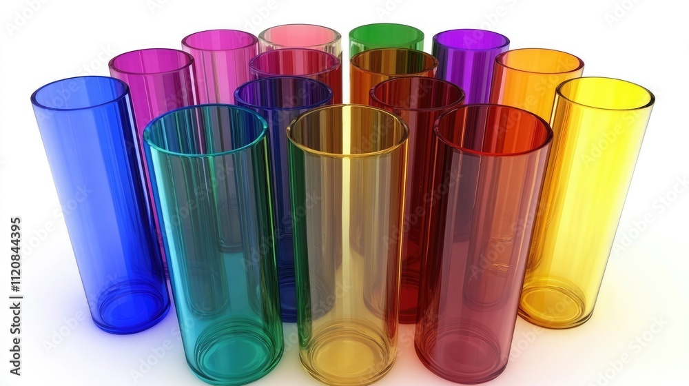 Colorful transparent tubes arranged in a cluster on a white background showcasing vibrant hues and sleek modern design. Colorful transparent tubes arranged in a cluster on a white background showcasing vibrant hues and sleek modern design.