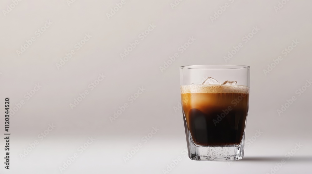 Iced coffee served in a clear glass with ice cubes against a minimalistic white background showcasing refreshing beverage appeal Iced coffee served in a clear glass with ice cubes against a minimalistic white background showcasing refreshing beverage appeal