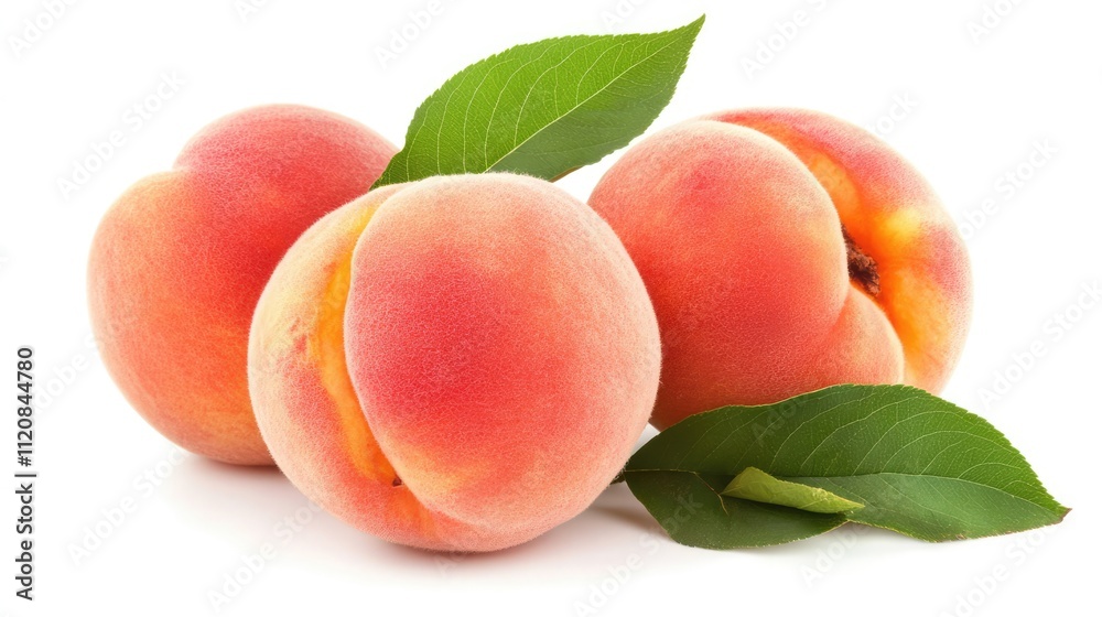 Vibrant fresh peaches with green leaves beautifully arranged on a clean white background for a refreshing natural aesthetic Vibrant fresh peaches with green leaves beautifully arranged on a clean white background for a refreshing natural aesthetic