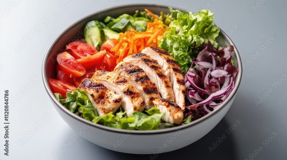 Grilled chicken breast atop a vibrant healthy salad bowl with fresh vegetables and greens showcasing nutritious eating choices Grilled chicken breast atop a vibrant healthy salad bowl with fresh vegetables and greens showcasing nutritious eating choices