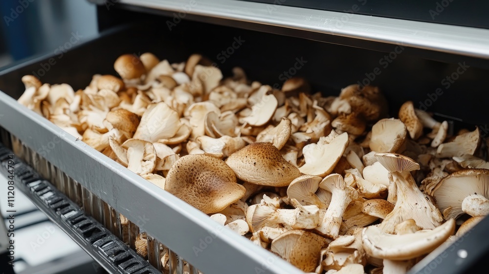 Freshly sliced pleurotus mushrooms in a commercial food processor ready for culinary use in gourmet dishes and meal preparation. Freshly sliced pleurotus mushrooms in a commercial food processor ready for culinary use in gourmet dishes and meal preparation.