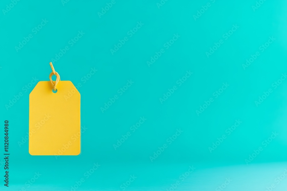 Naklejka premium A bright yellow tag hangs against a vibrant turquoise background, creating a striking visual contrast.